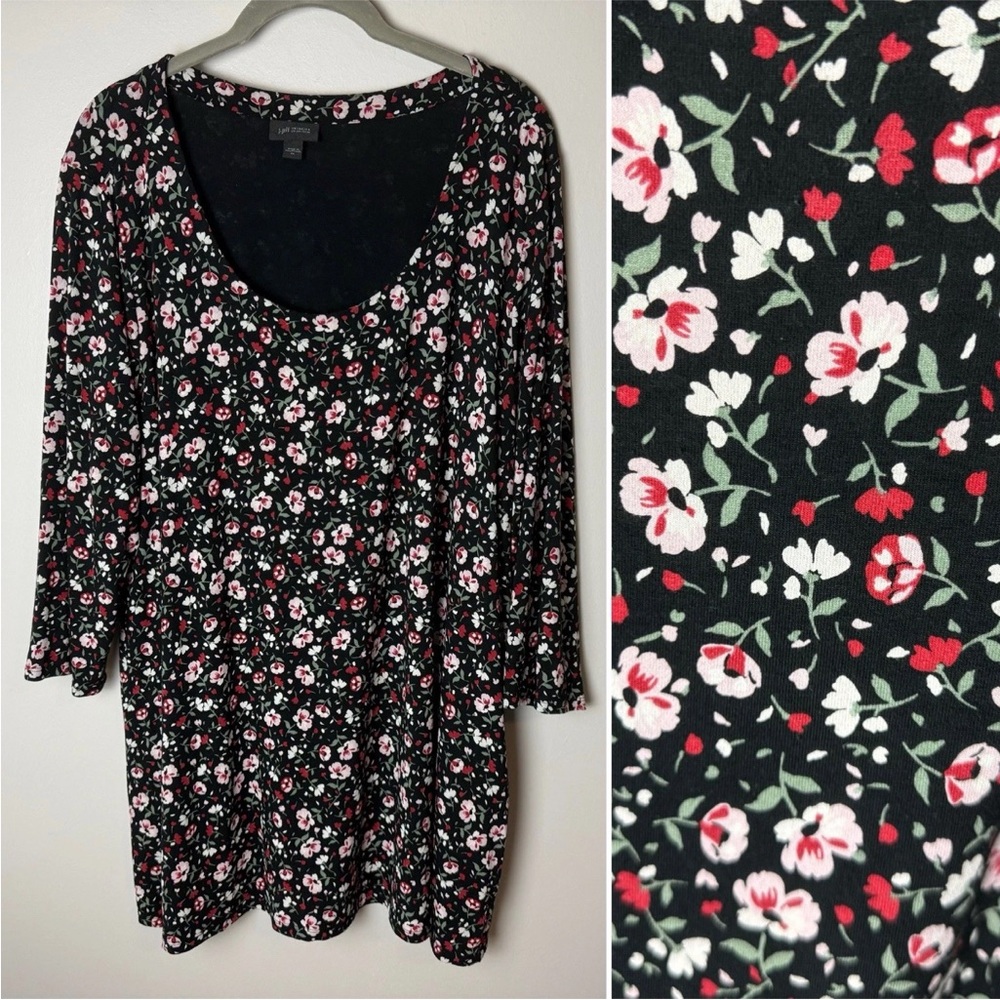J. Jill Tunic Top Size XL 3/4 Sleeves Floral Black Red Green Pink White Stretch